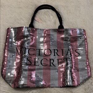 Victoria's Secret Pink and Silver Striped Sequin Tote